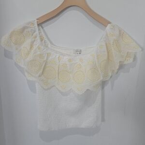 Francesca's Smocked Crop Top White Yellow Eyelet Ruffle Cottagecore Boho